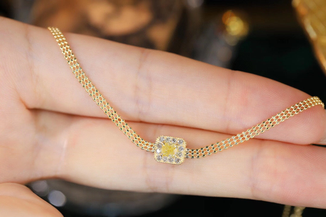 18K Solid Gold Yellow Diamond Bead Chain Bracelet , Wedding Bracelet