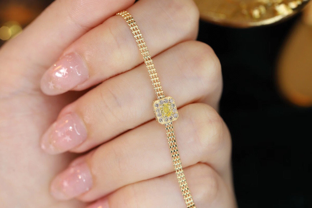 18K Solid Gold Yellow Diamond Bead Chain Bracelet , Wedding Bracelet