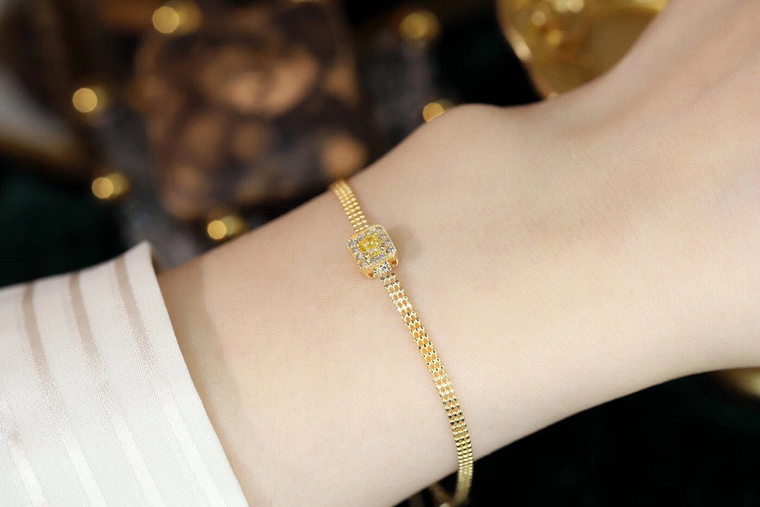 18K Solid Gold Yellow Diamond Bead Chain Bracelet , Wedding Bracelet
