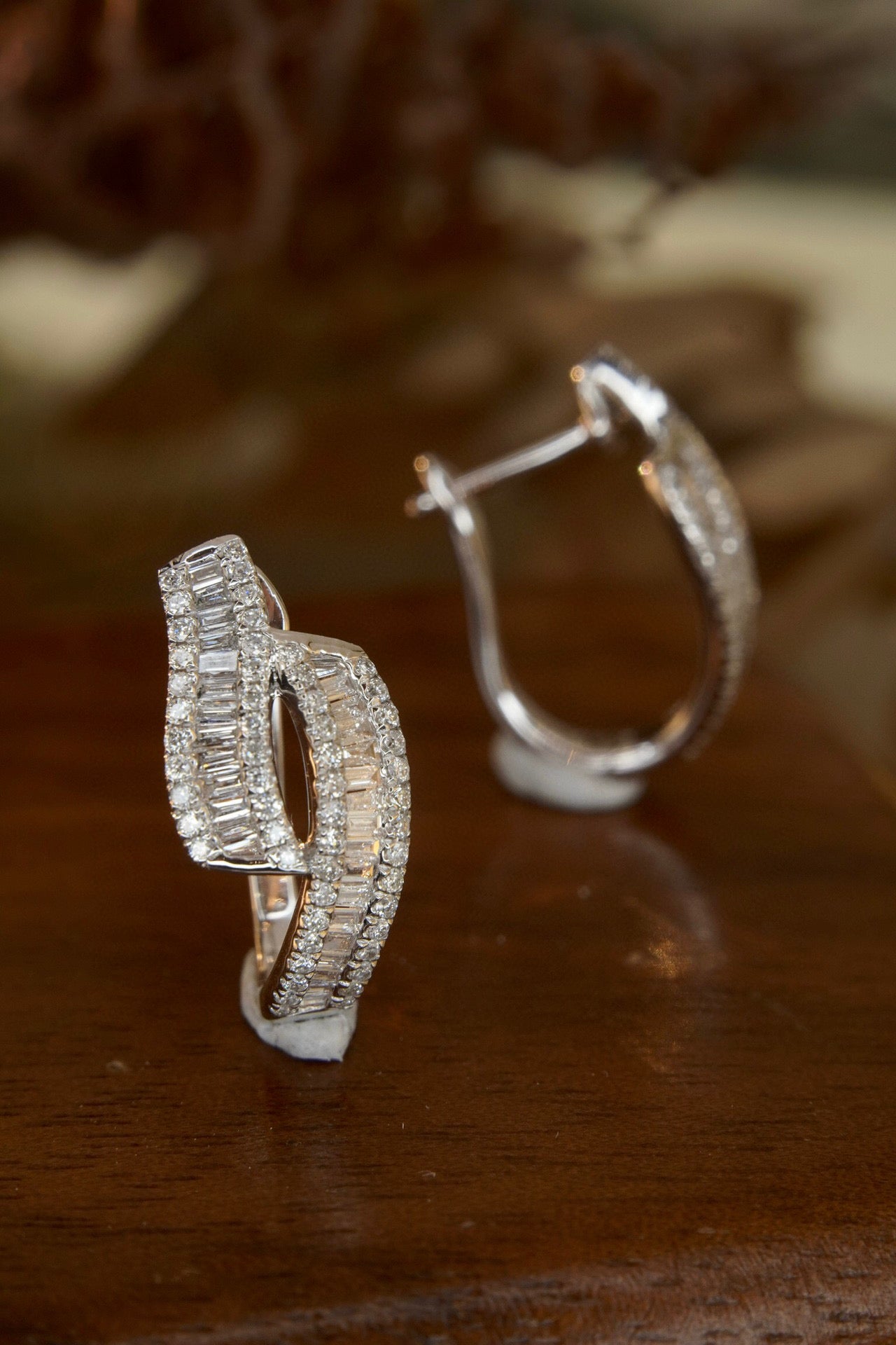 Vintage Baguette Diamond Earrings, 18K Solid Gold Full Diamond Hoop earrings, wedding earrings