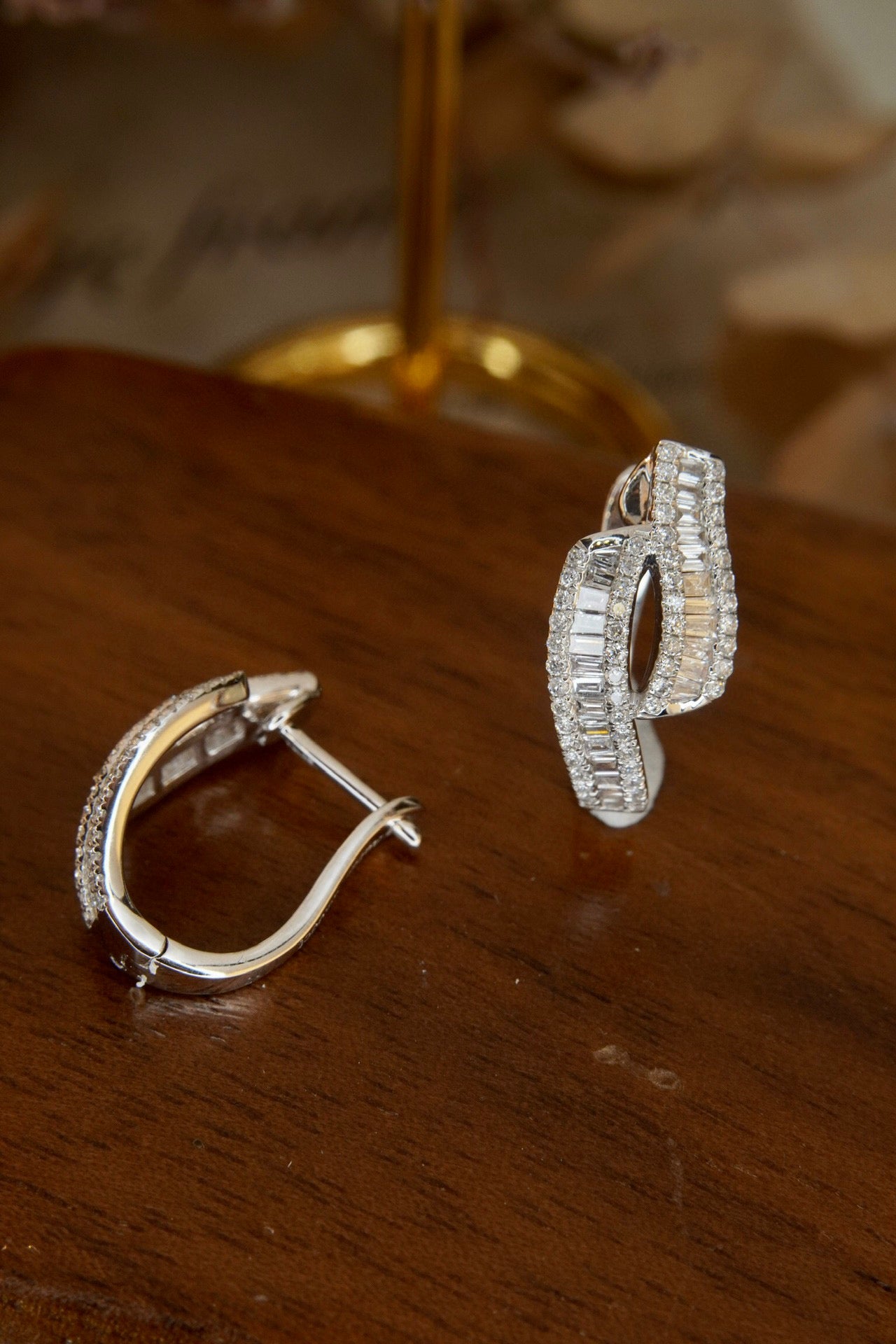 Vintage Baguette Diamond Earrings, 18K Solid Gold Full Diamond Hoop earrings, wedding earrings