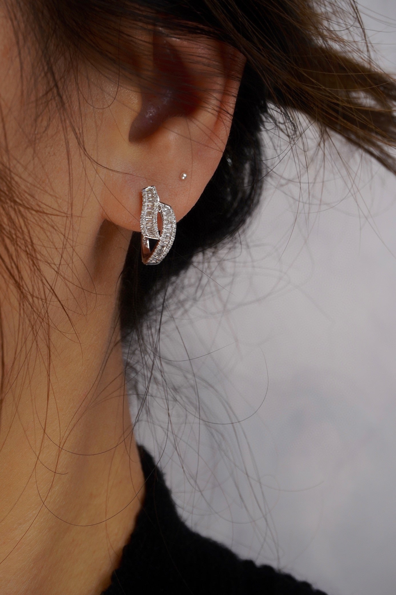 Vintage Baguette Diamond Earrings, 18K Solid Gold Full Diamond Hoop earrings, wedding earrings