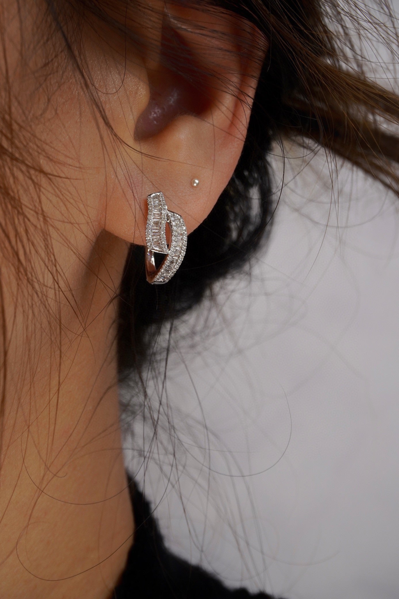 Vintage Baguette Diamond Earrings, 18K Solid Gold Full Diamond Hoop earrings, wedding earrings