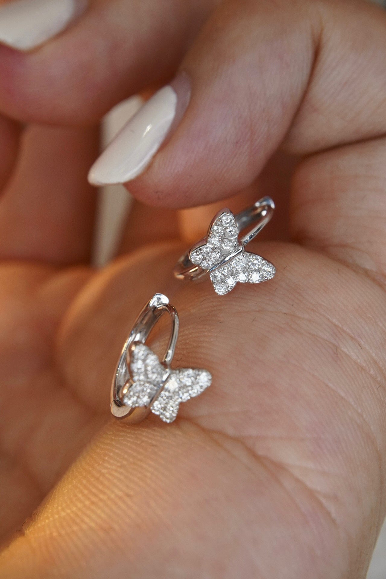 Butterfly Diamond Earrings, Dainty 18K Solid Gold Diamond Butterfly Hoop Earrings, everyday wear earrings