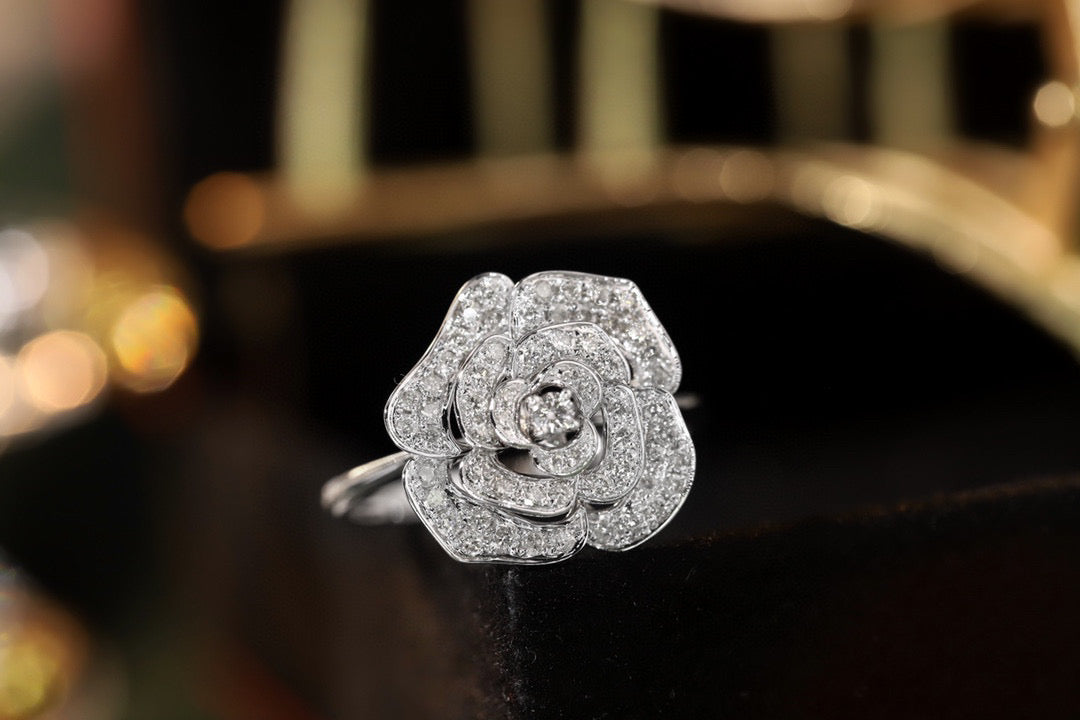 Full Diamond Rose Ring, 18K Solid Gold Diamond Camellia Ring