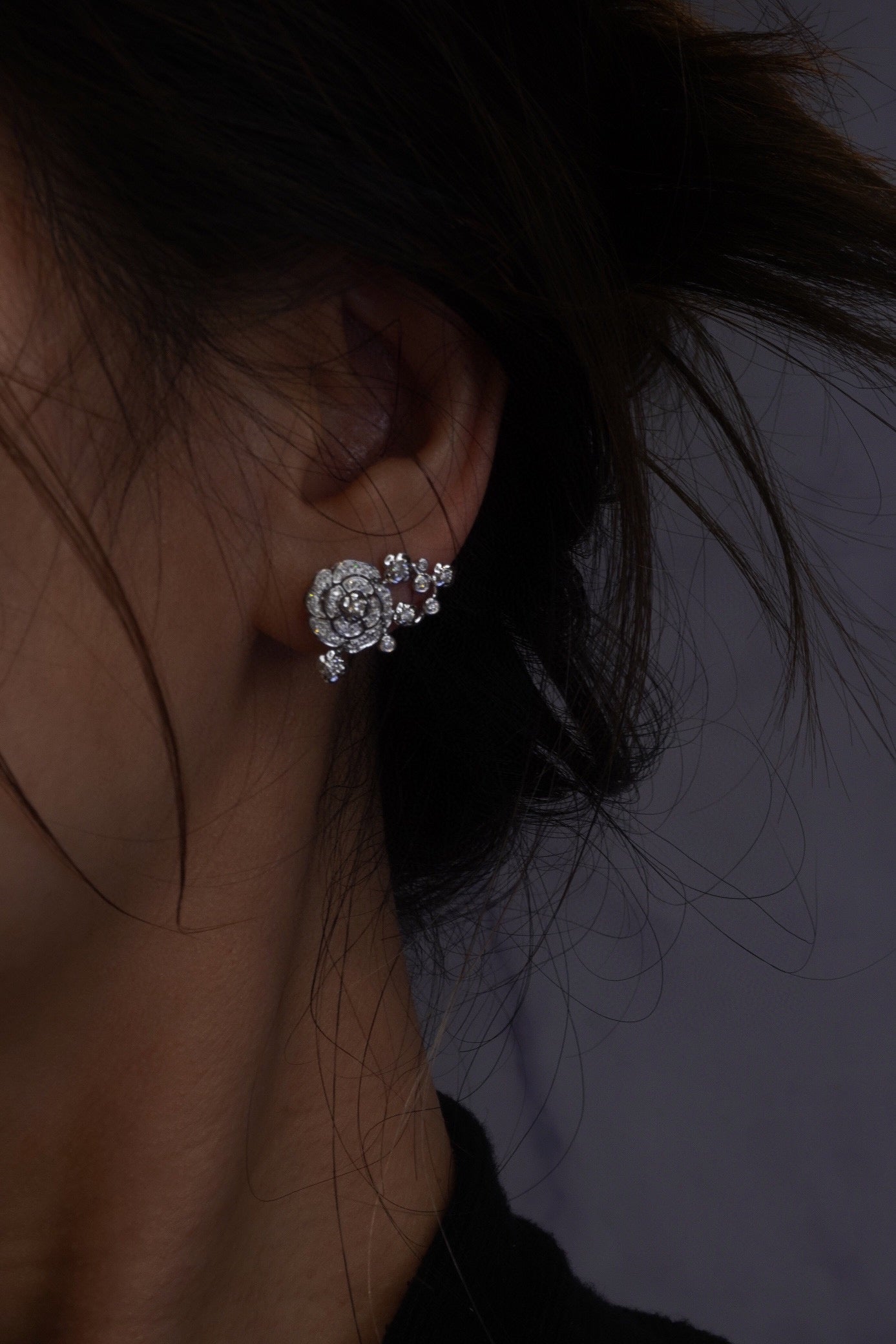 Vintage Camellia Diamond earrings, 18K Solid Gold Full Diamond Camellia Stud Earrings, Wedding Earrings