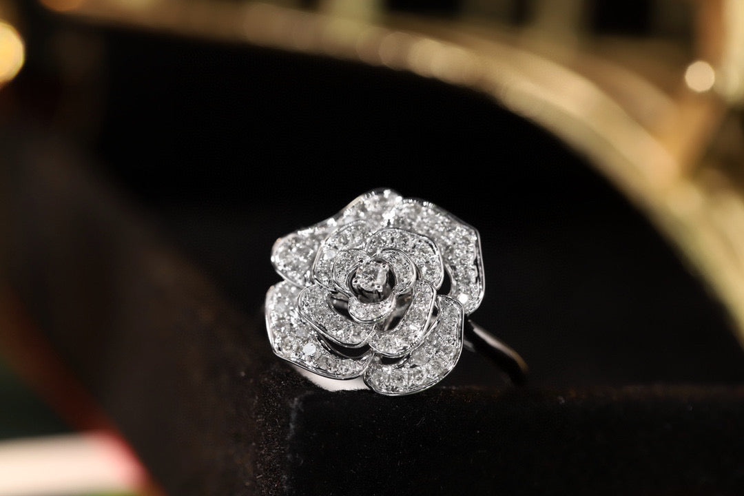Full Diamond Rose Ring, 18K Solid Gold Diamond Camellia Ring