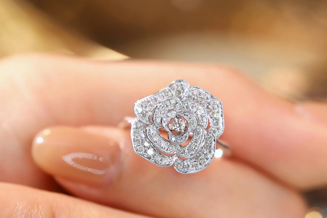Full Diamond Rose Ring, 18K Solid Gold Diamond Camellia Ring