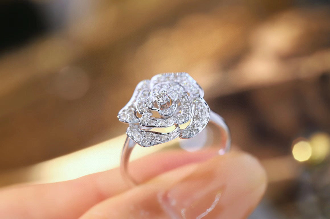 Full Diamond Rose Ring, 18K Solid Gold Diamond Camellia Ring