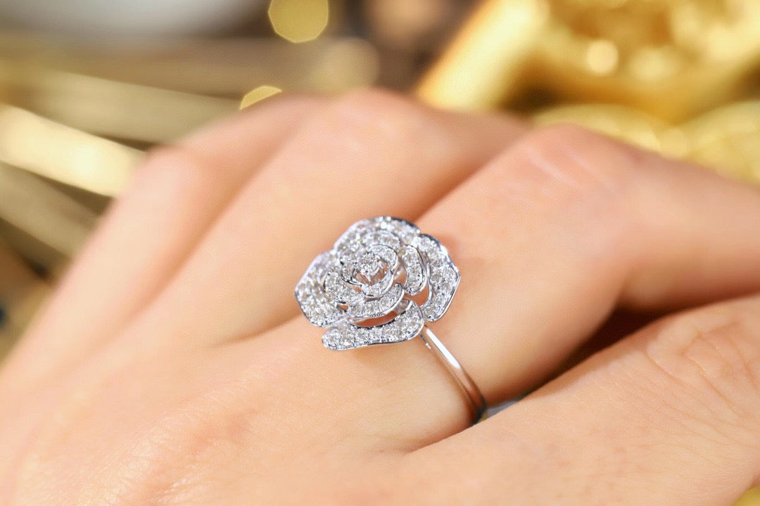 Full Diamond Rose Ring, 18K Solid Gold Diamond Camellia Ring