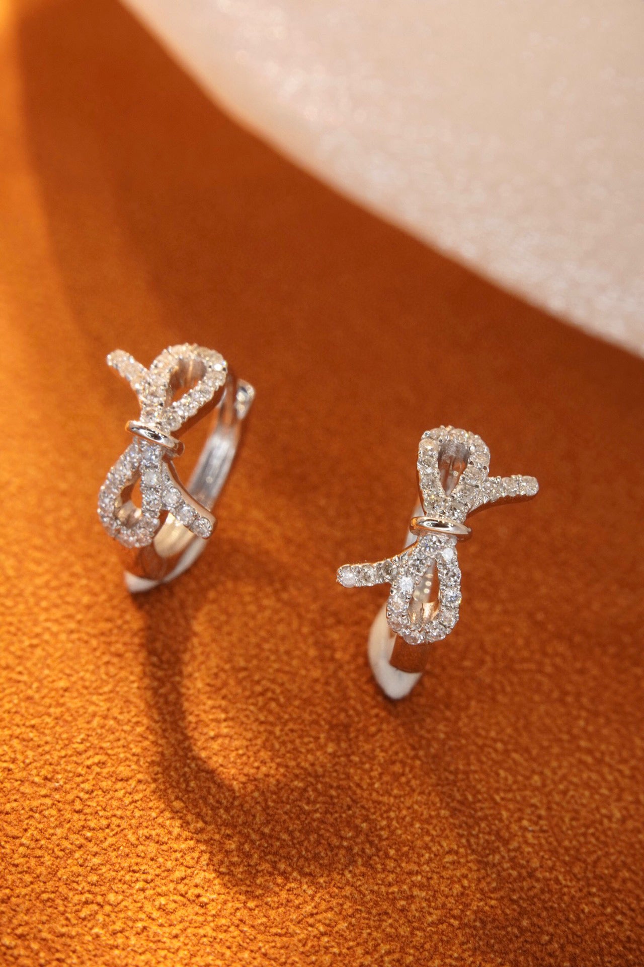 Dainty Sweet Bowknot Hoop Earrings, 18K Solid Gold Diamond Ribbon Hoop Earrings
