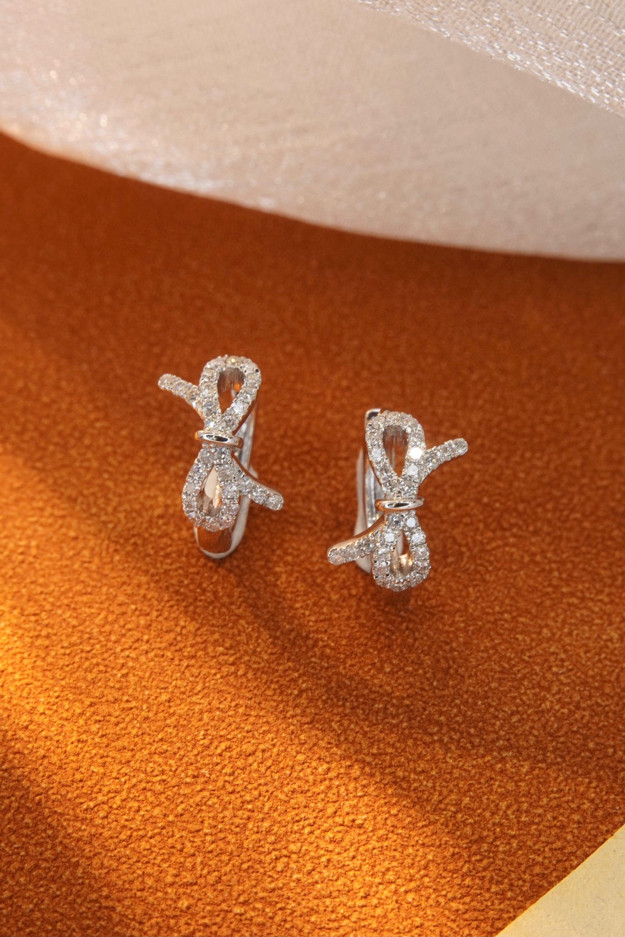 Dainty Sweet Bowknot Hoop Earrings, 18K Solid Gold Diamond Ribbon Hoop Earrings