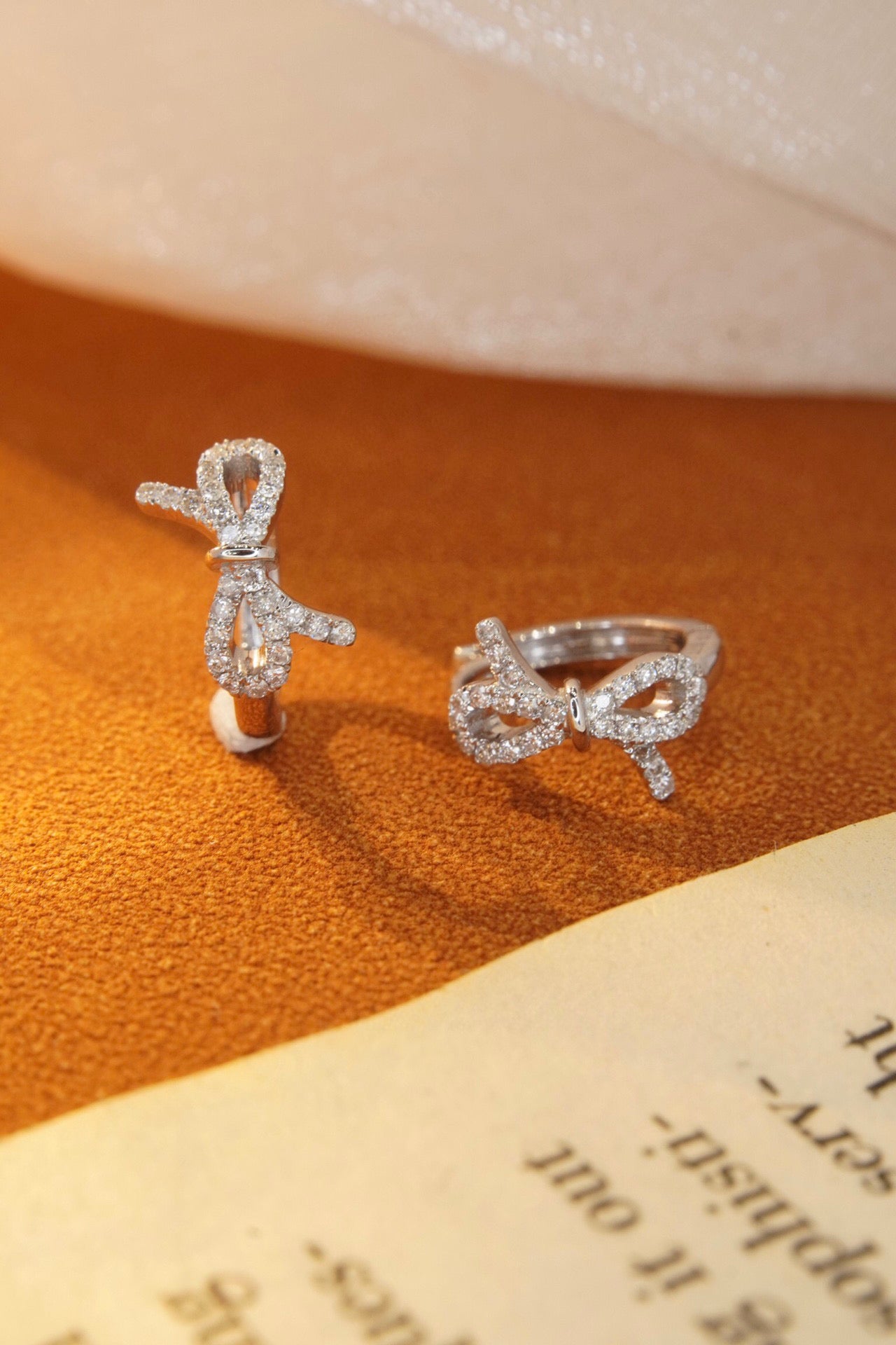 Dainty Sweet Bowknot Hoop Earrings, 18K Solid Gold Diamond Ribbon Hoop Earrings