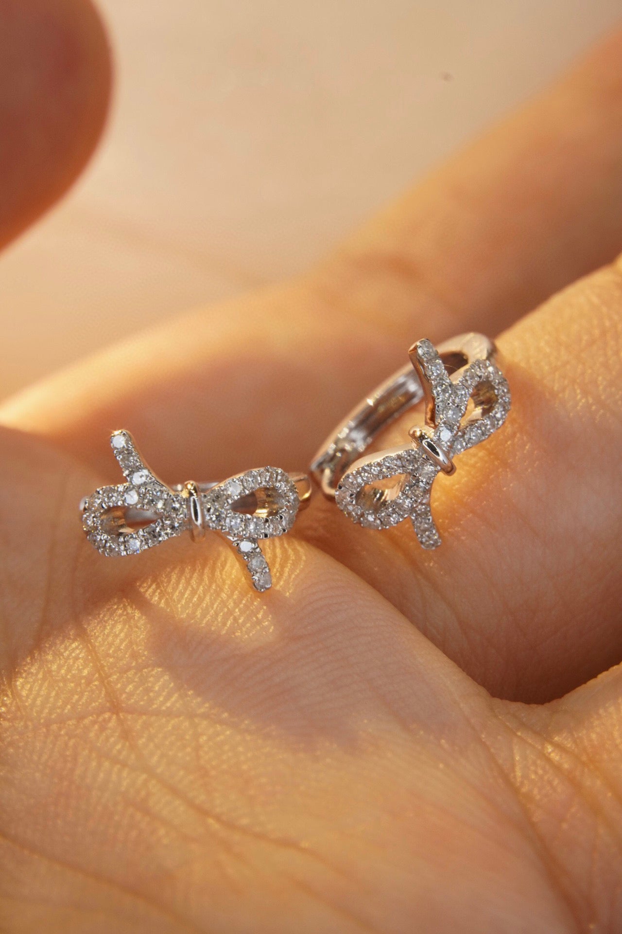 Dainty Sweet Bowknot Hoop Earrings, 18K Solid Gold Diamond Ribbon Hoop Earrings