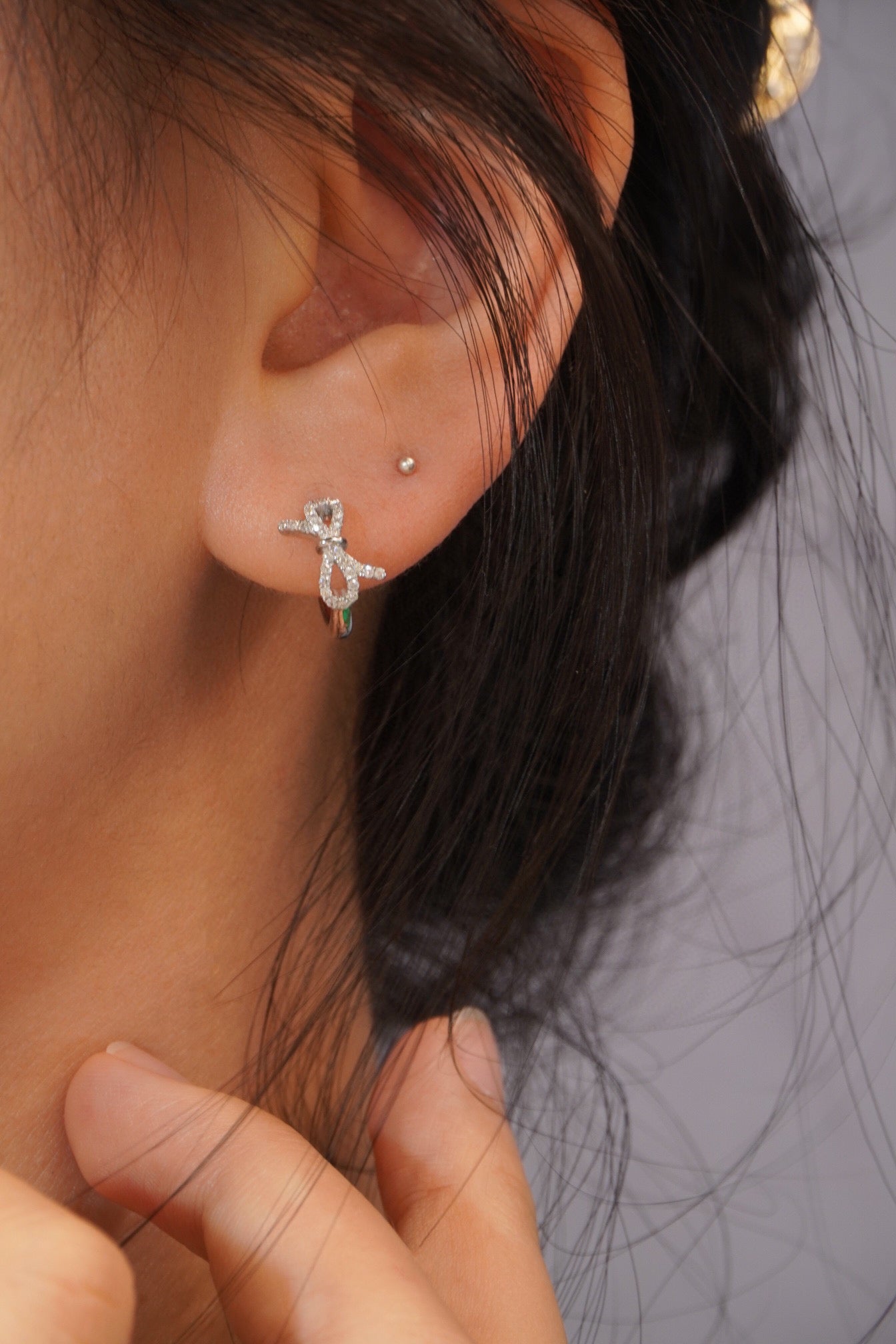 Dainty Sweet Bowknot Hoop Earrings, 18K Solid Gold Diamond Ribbon Hoop Earrings