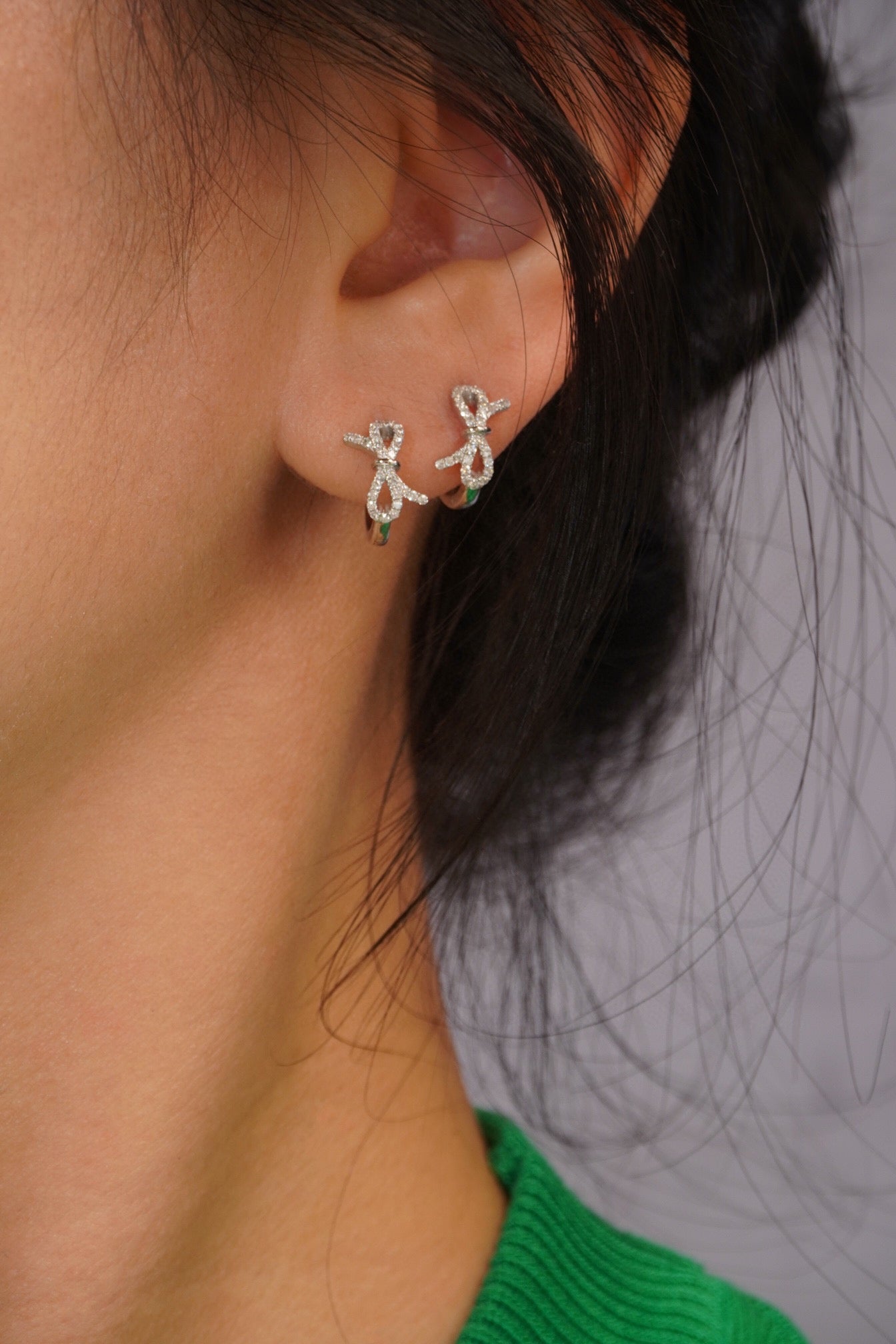 Dainty Sweet Bowknot Hoop Earrings, 18K Solid Gold Diamond Ribbon Hoop Earrings
