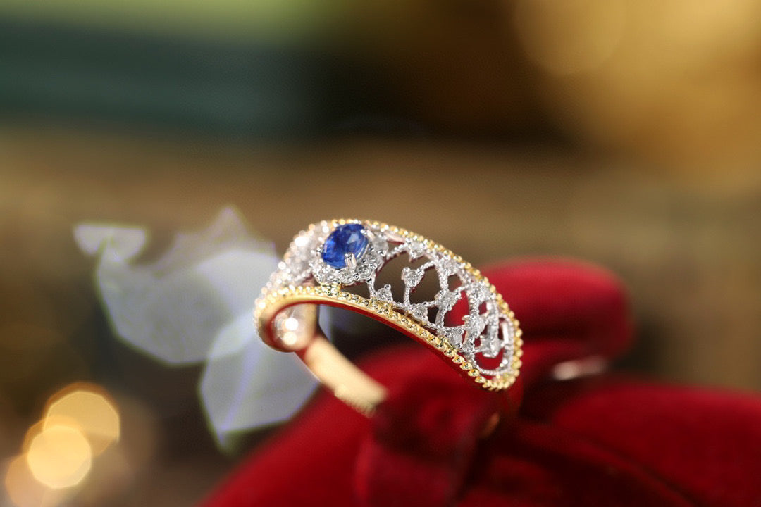 Lace Vintage Sapphire Ring, 18K Solid Gold Sapphire Diamond Ring
