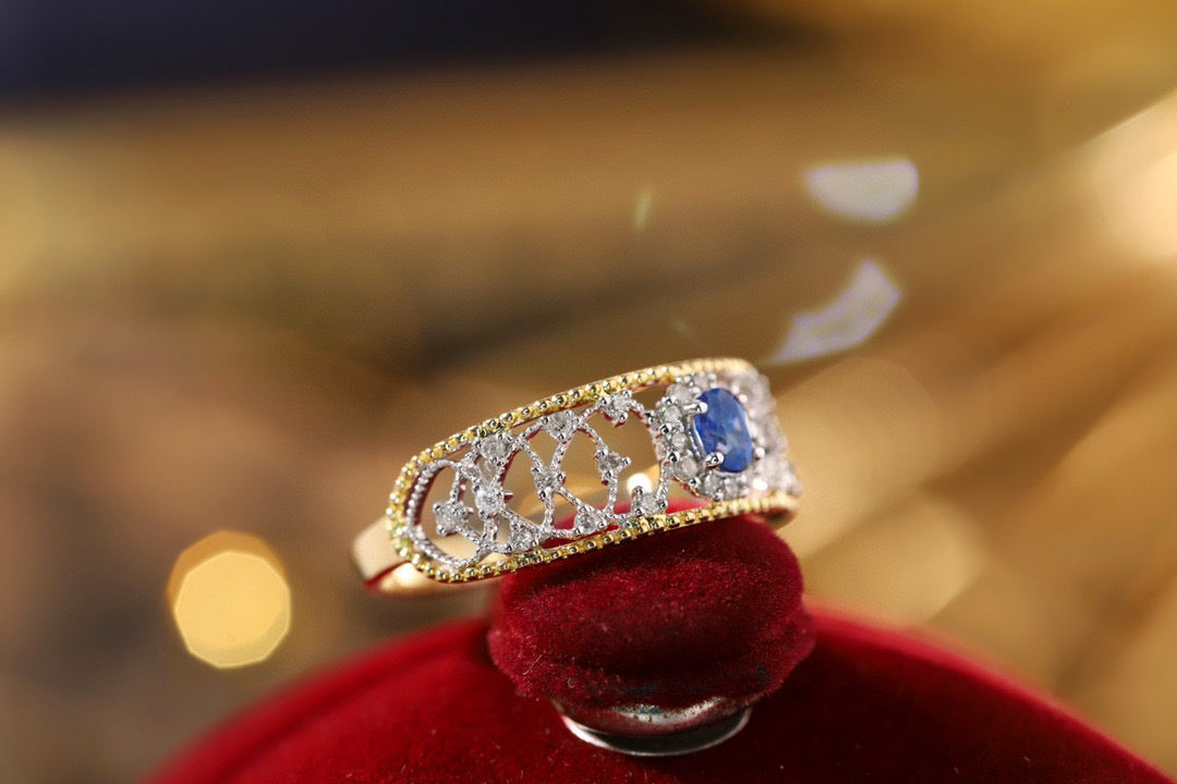 Lace Vintage Sapphire Ring, 18K Solid Gold Sapphire Diamond Ring