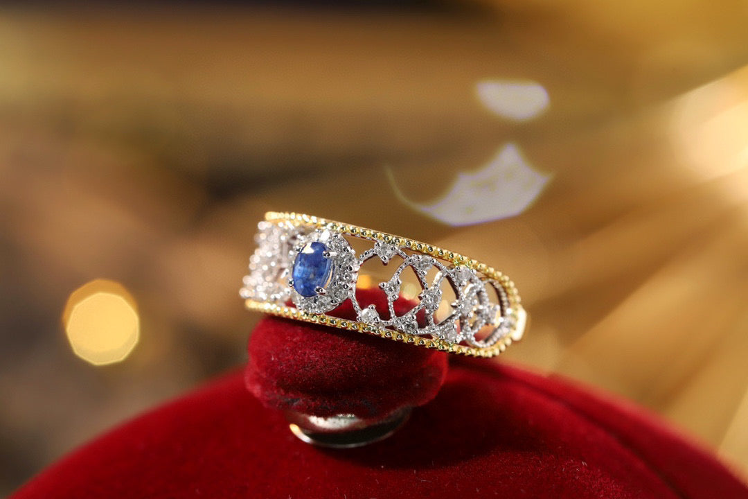 Lace Vintage Sapphire Ring, 18K Solid Gold Sapphire Diamond Ring
