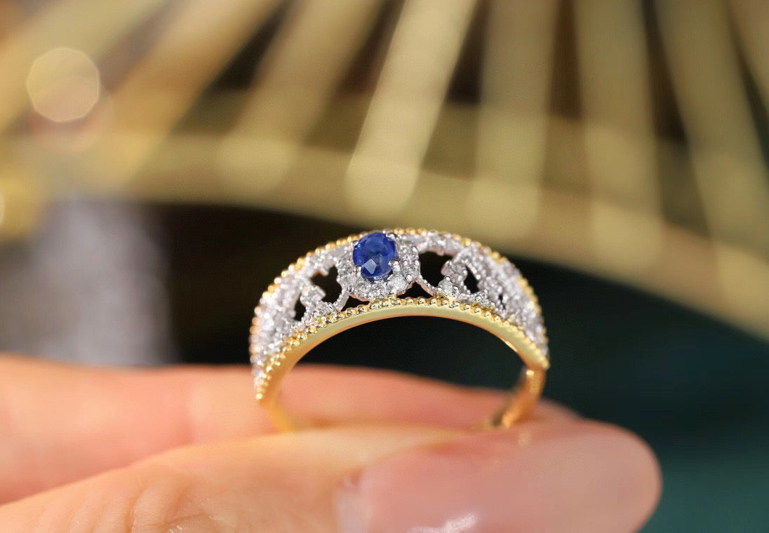 Lace Vintage Sapphire Ring, 18K Solid Gold Sapphire Diamond Ring