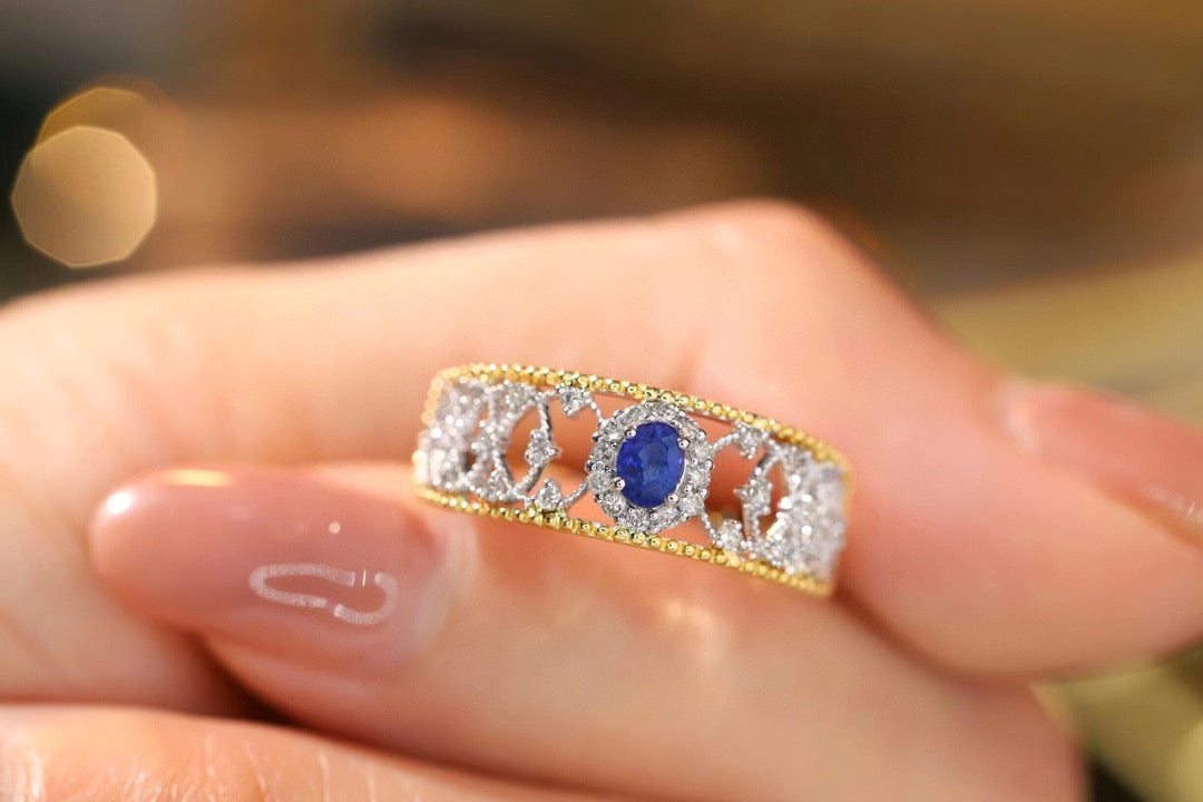 Lace Vintage Sapphire Ring, 18K Solid Gold Sapphire Diamond Ring