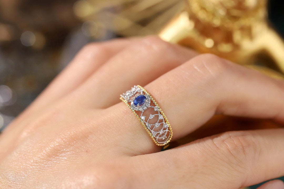 Lace Vintage Sapphire Ring, 18K Solid Gold Sapphire Diamond Ring