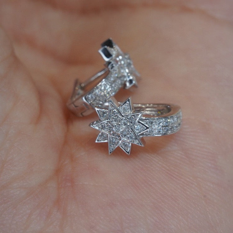 Dainty Star Hoop Earrings, 18K Solid Gold Diamond Star Hoop Earrings