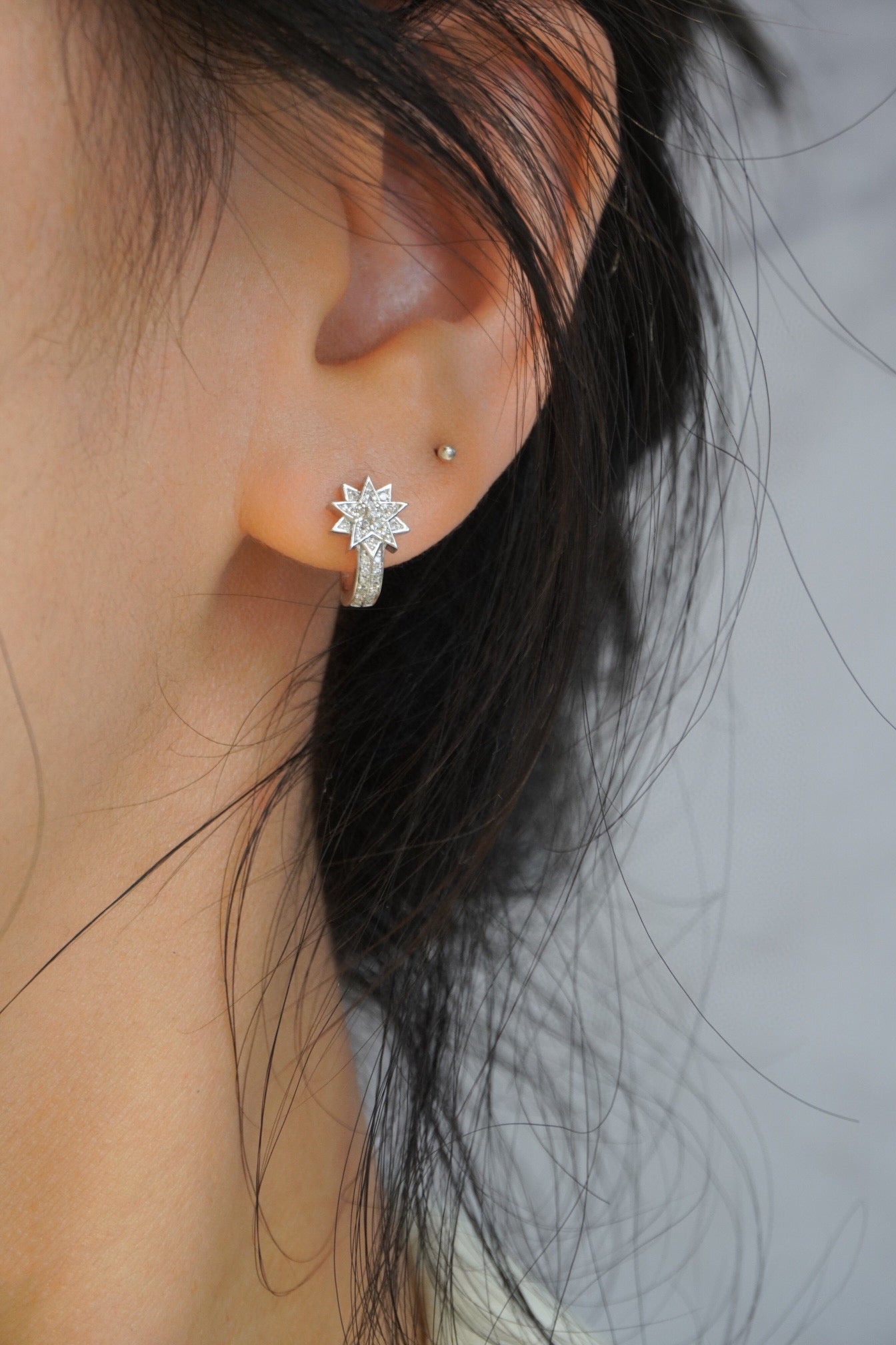 Dainty Star Hoop Earrings, 18K Solid Gold Diamond Star Hoop Earrings