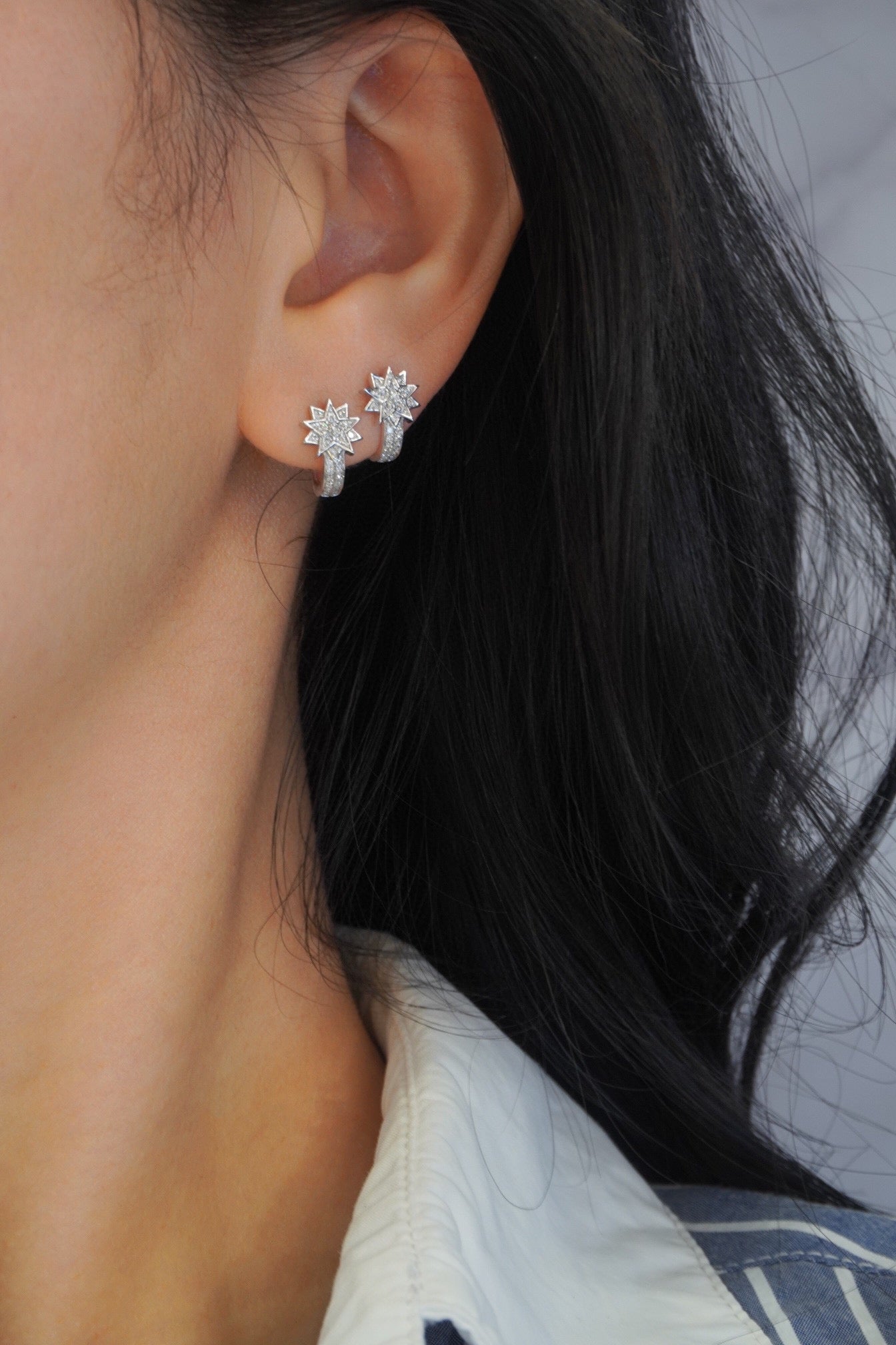 Dainty Star Hoop Earrings, 18K Solid Gold Diamond Star Hoop Earrings