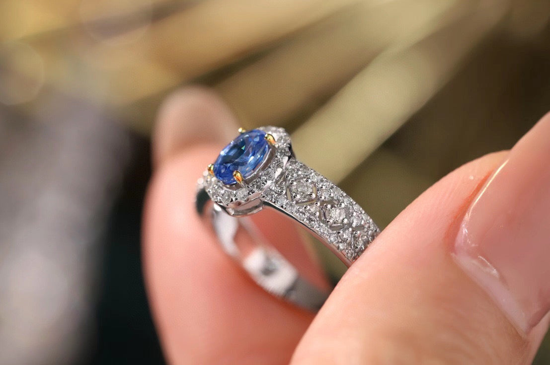 Vintage Gold Sapphire Diamond Band, 18K Solid Gold Sapphire Diamond Ring