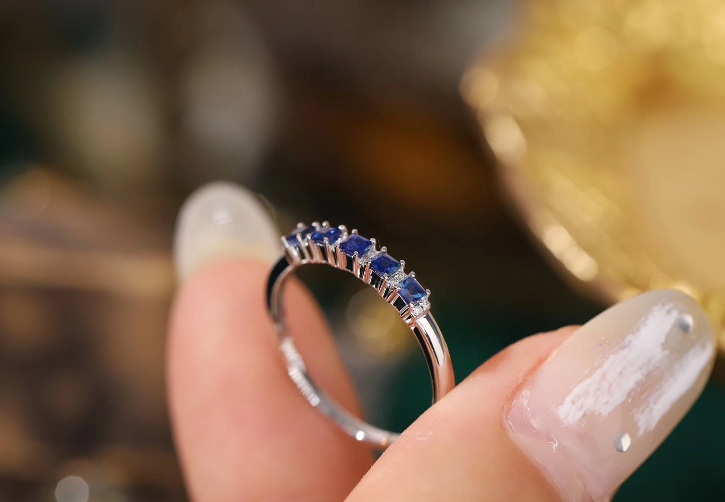 Classic Sapphire Ring, 18K Solid Gold Half Eternity Sapphire diamond Ring