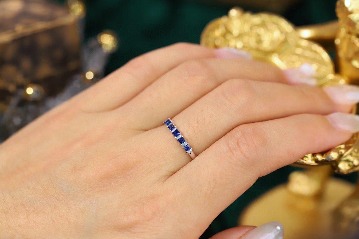 Classic Sapphire Ring, 18K Solid Gold Half Eternity Sapphire diamond Ring