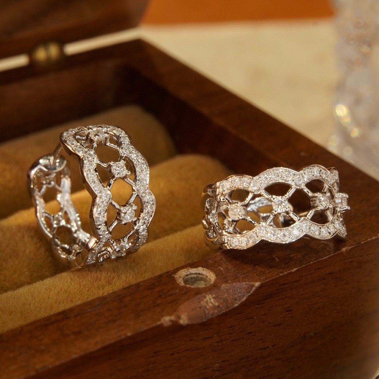 Art Deco Lace Diamond Earrings, 18K Solid Gold Diamond Hoop Earrings