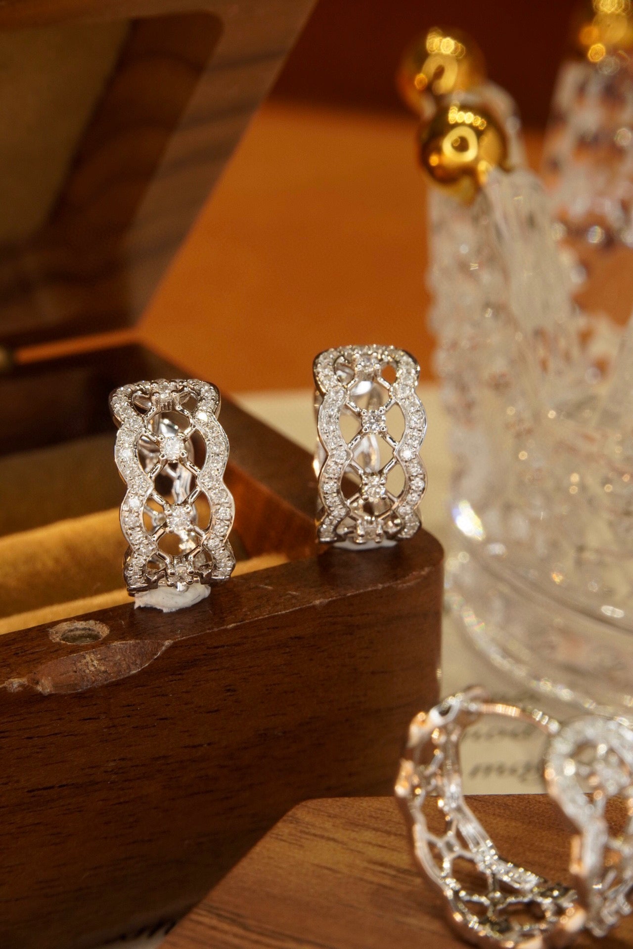 Art Deco Lace Diamond Earrings, 18K Solid Gold Diamond Hoop Earrings