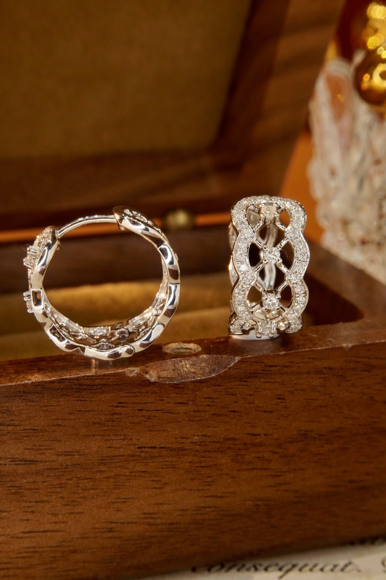 Art Deco Lace Diamond Earrings, 18K Solid Gold Diamond Hoop Earrings