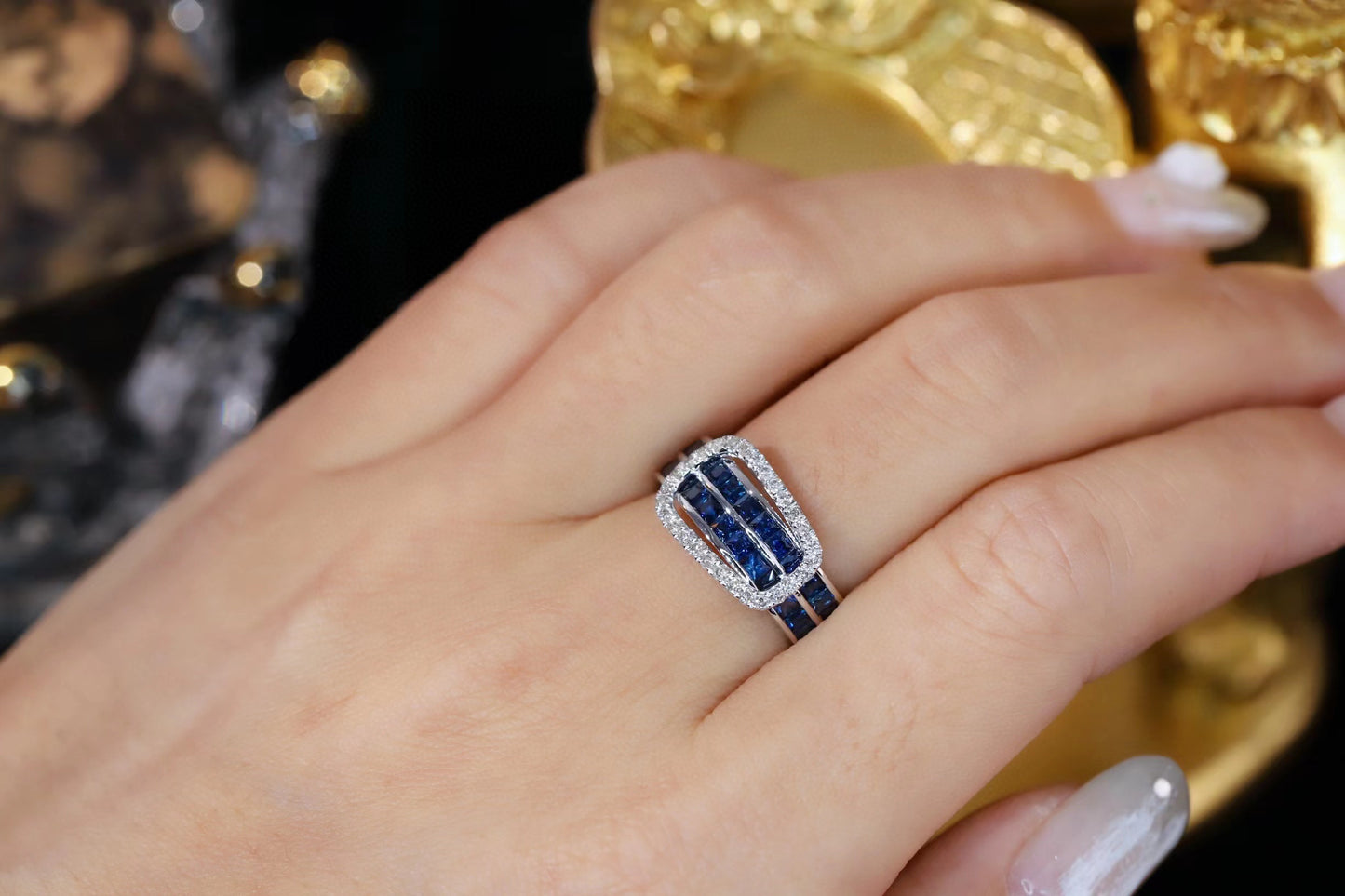 Vintage K Gold Sapphire Diamond Ring, 18K Solid gold Sapphire Diamond Band
