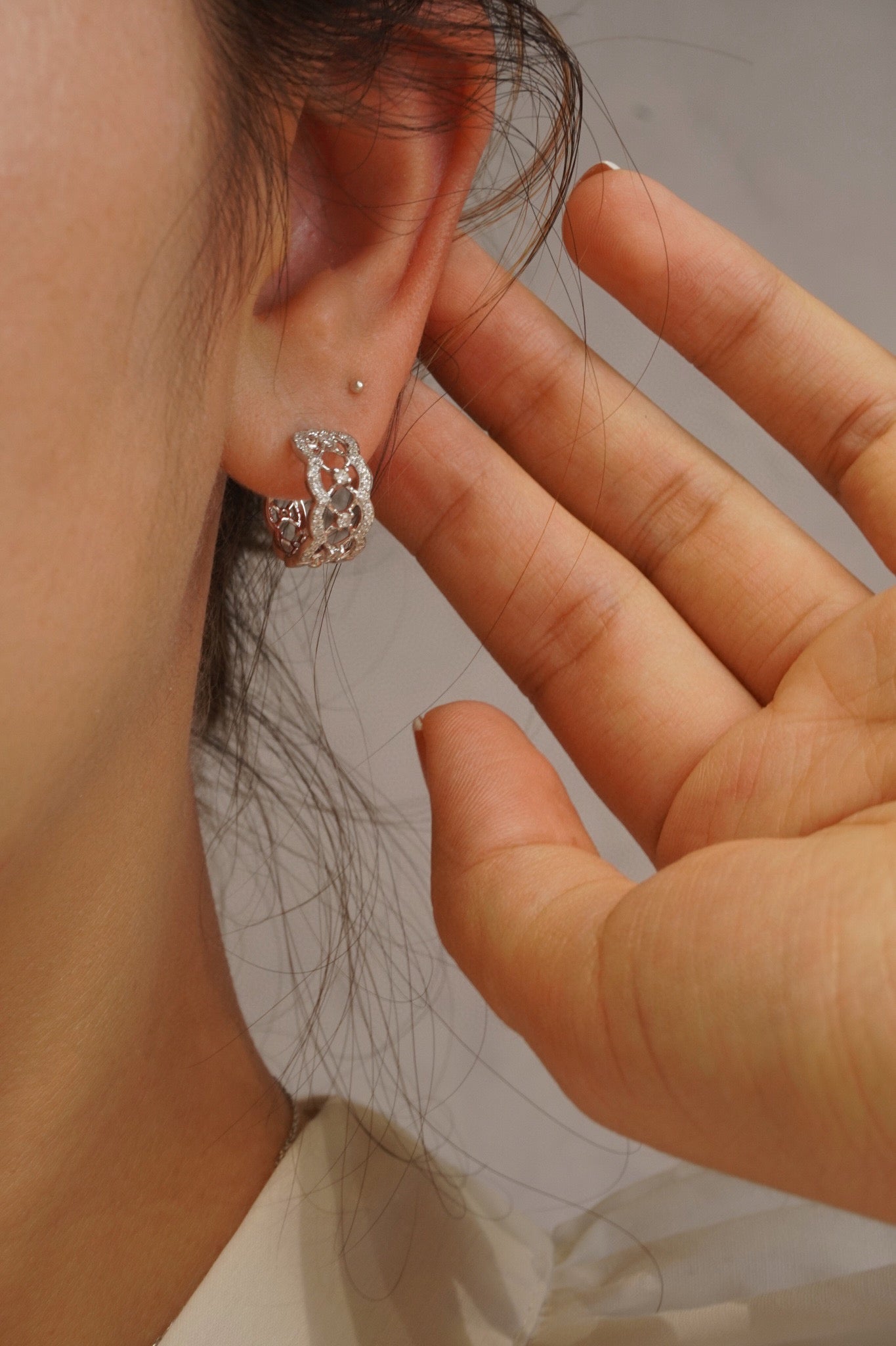 Art Deco Lace Diamond Earrings, 18K Solid Gold Diamond Hoop Earrings