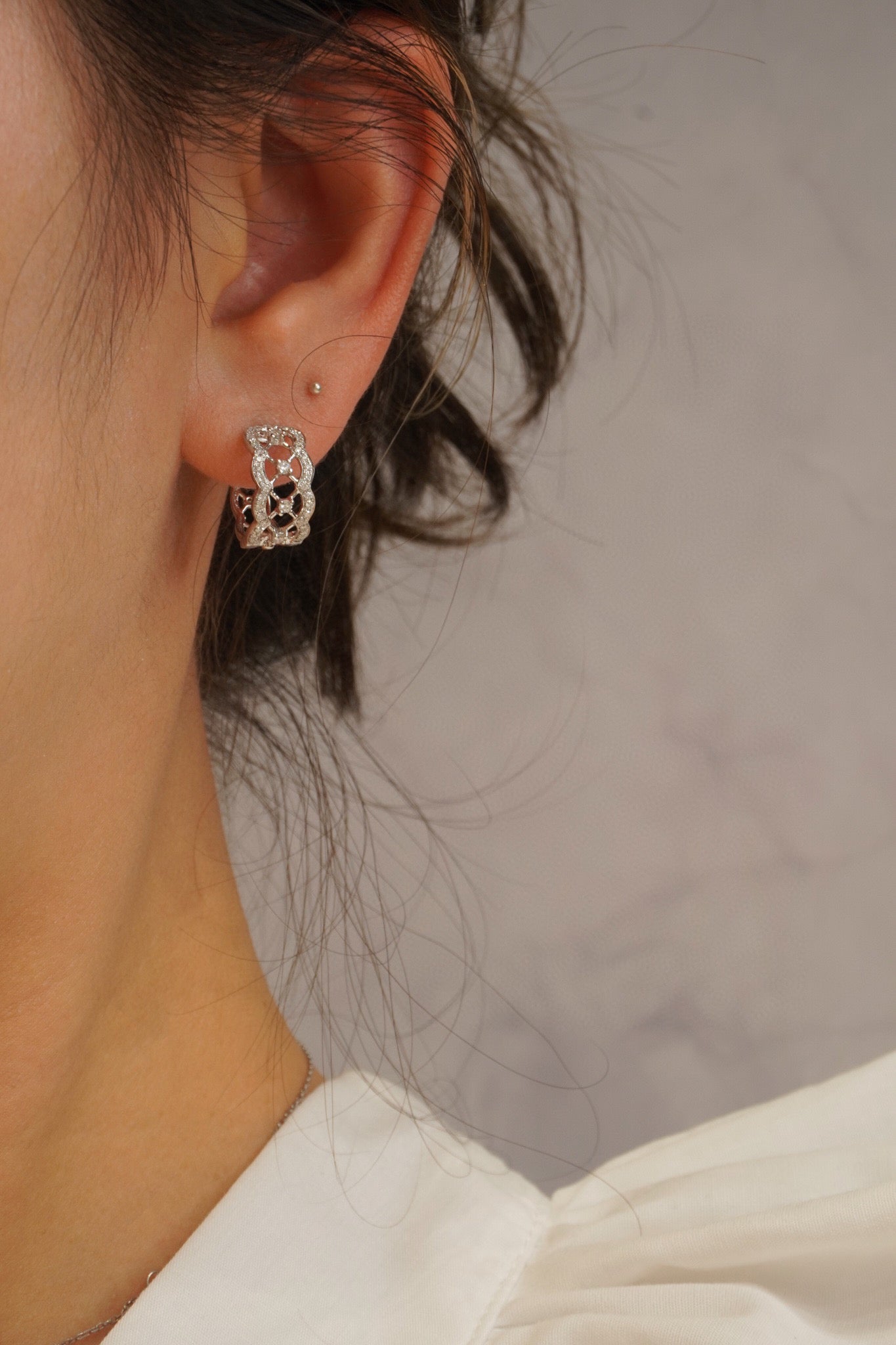Art Deco Lace Diamond Earrings, 18K Solid Gold Diamond Hoop Earrings