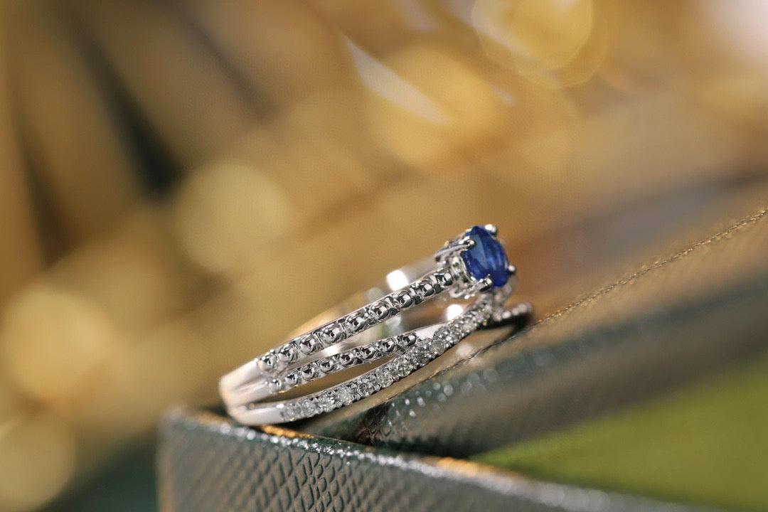 Art Deco Gold Sapphire Ring, 18K Solid Gold Sapphire Diamond ring