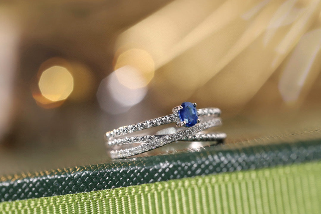 Art Deco Gold Sapphire Ring, 18K Solid Gold Sapphire Diamond ring