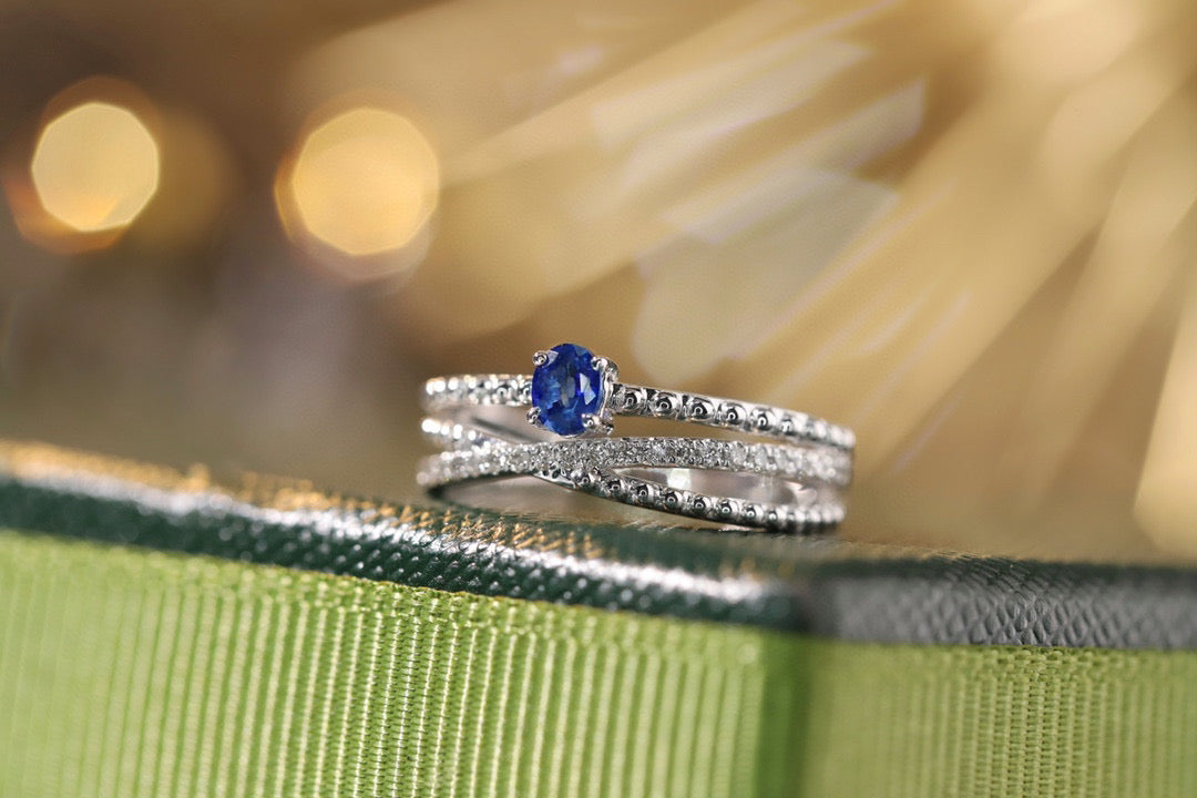 Art Deco Gold Sapphire Ring, 18K Solid Gold Sapphire Diamond ring