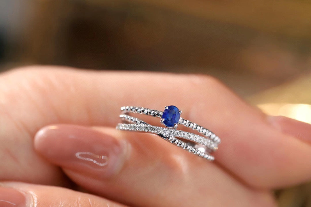 Art Deco Gold Sapphire Ring, 18K Solid Gold Sapphire Diamond ring