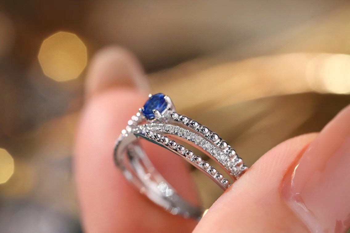 Art Deco Gold Sapphire Ring, 18K Solid Gold Sapphire Diamond ring