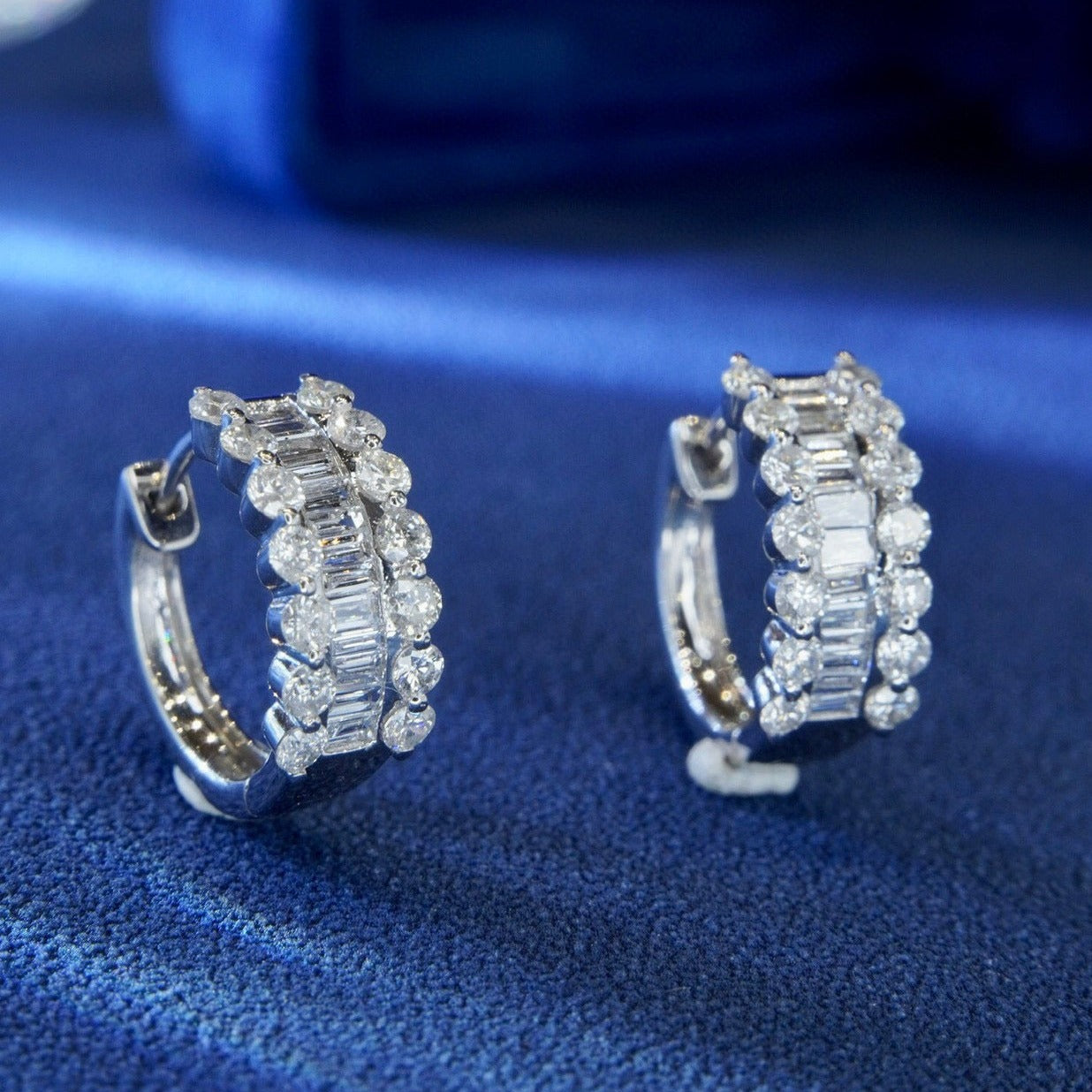 Fancy Baguette Diamond Earrings, 18K Solid Gold Diamond Hoop Earrings
