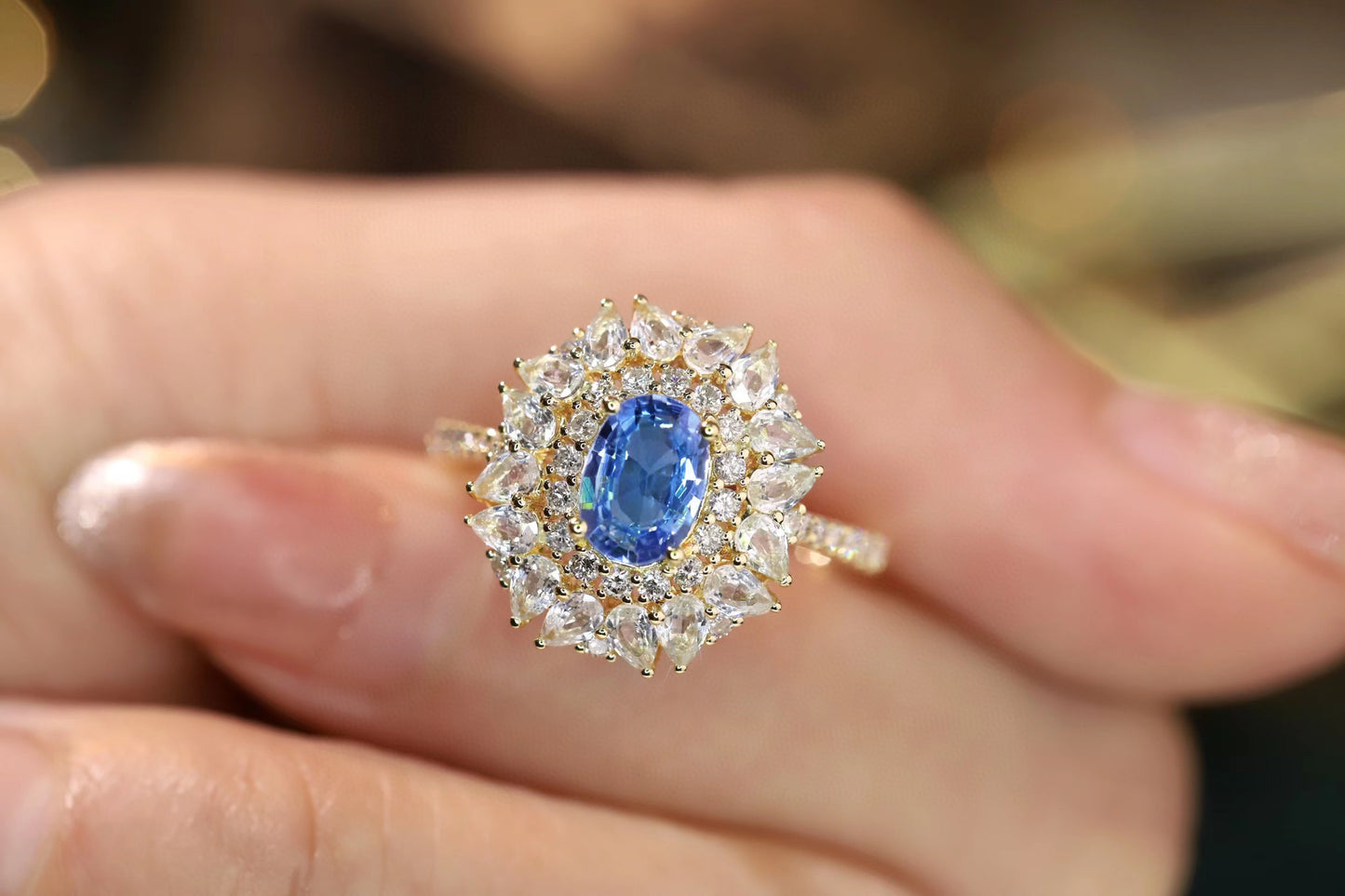 Vintage K Gold Sapphire Ring, 18K Solid gold Natural Sapphire Diamond Ring