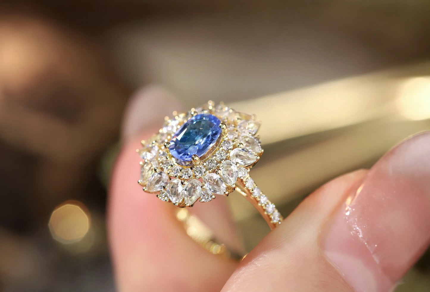 Vintage K Gold Sapphire Ring, 18K Solid gold Natural Sapphire Diamond Ring