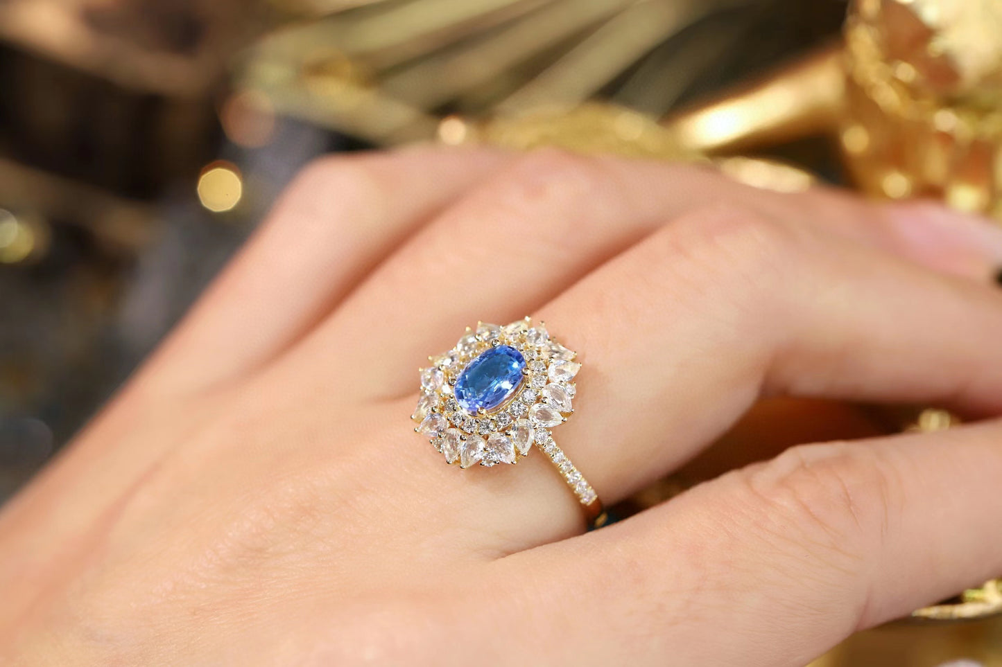 Vintage K Gold Sapphire Ring, 18K Solid gold Natural Sapphire Diamond Ring