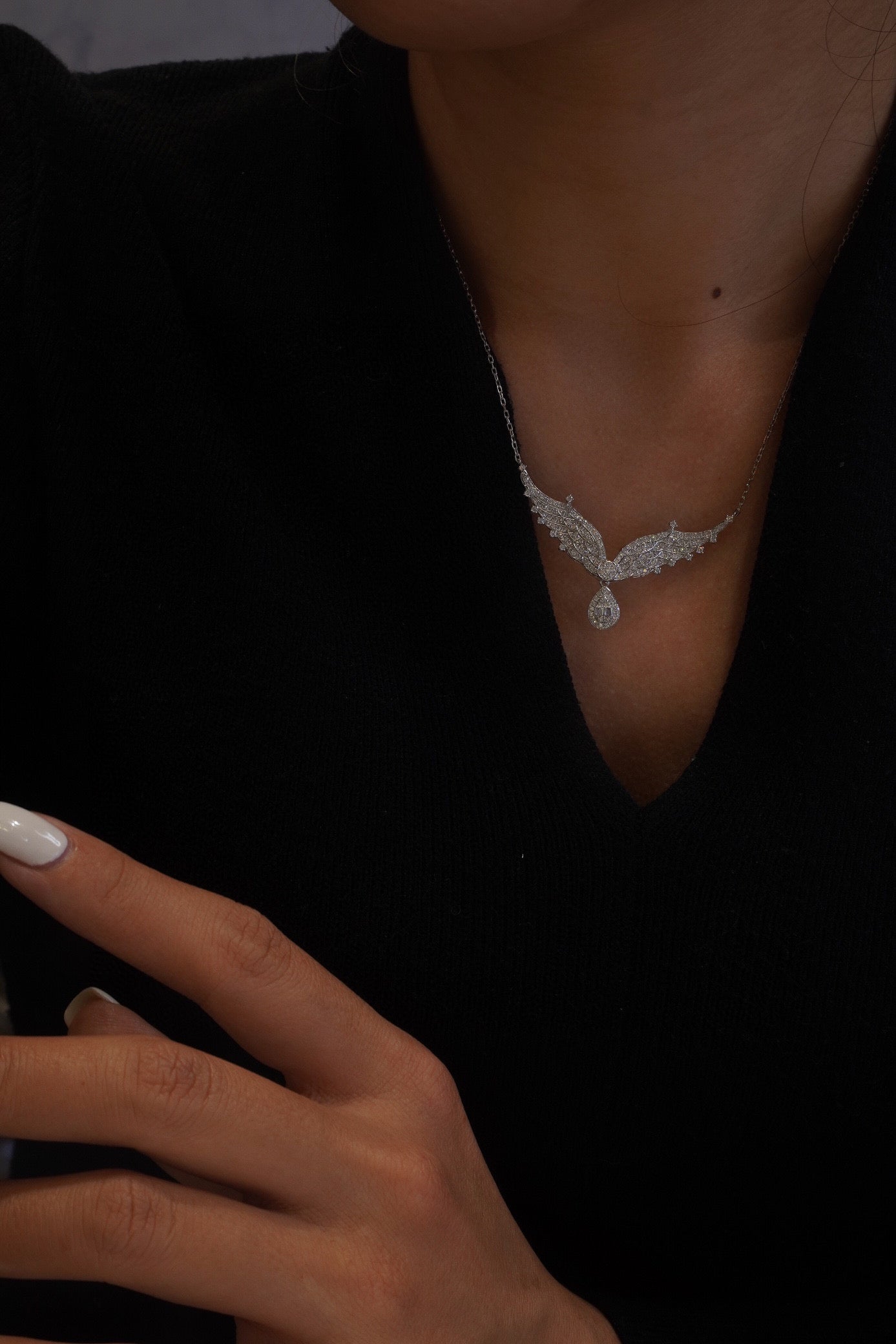 Angle Wings Diamond Necklace, 18K Solid Gold Full Diamond Necklace