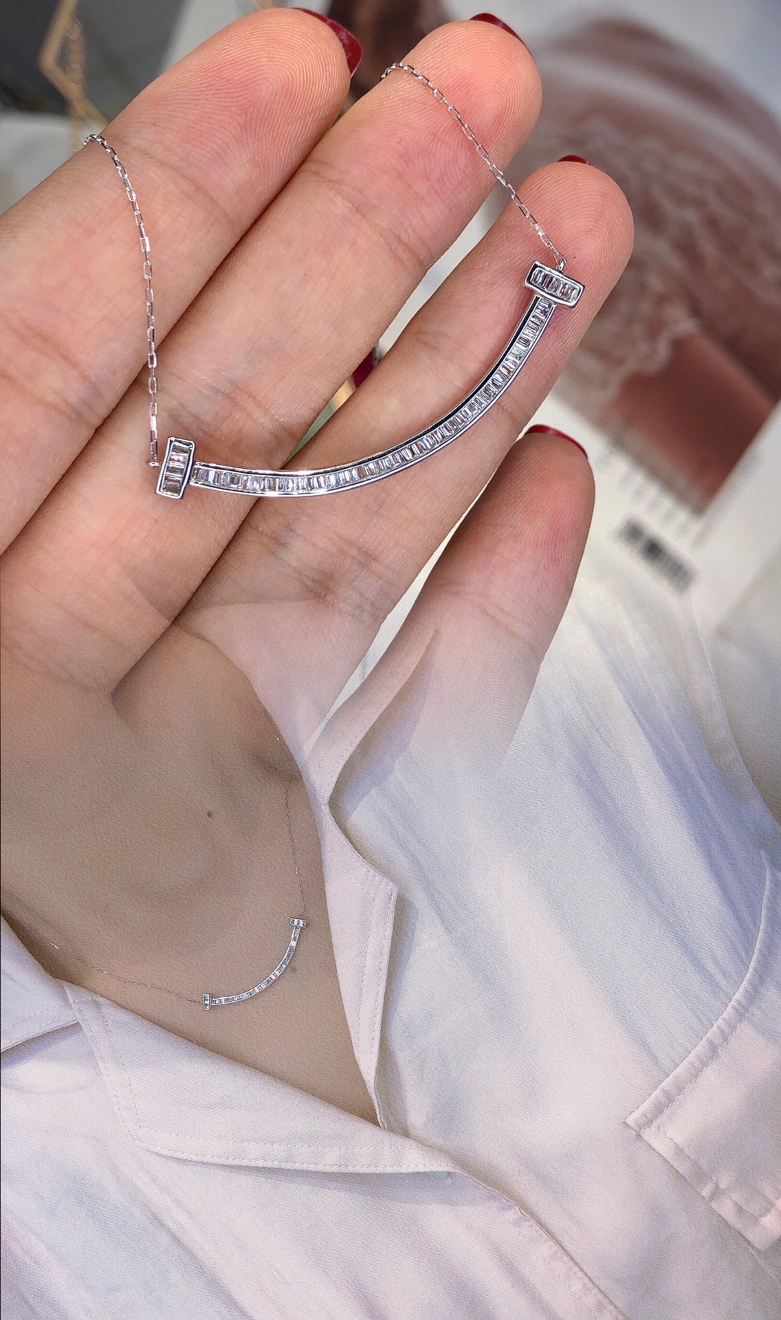 Smile Baguette Diamond Necklace,18K Solid Gold Baguette Full Diamond Necklace
