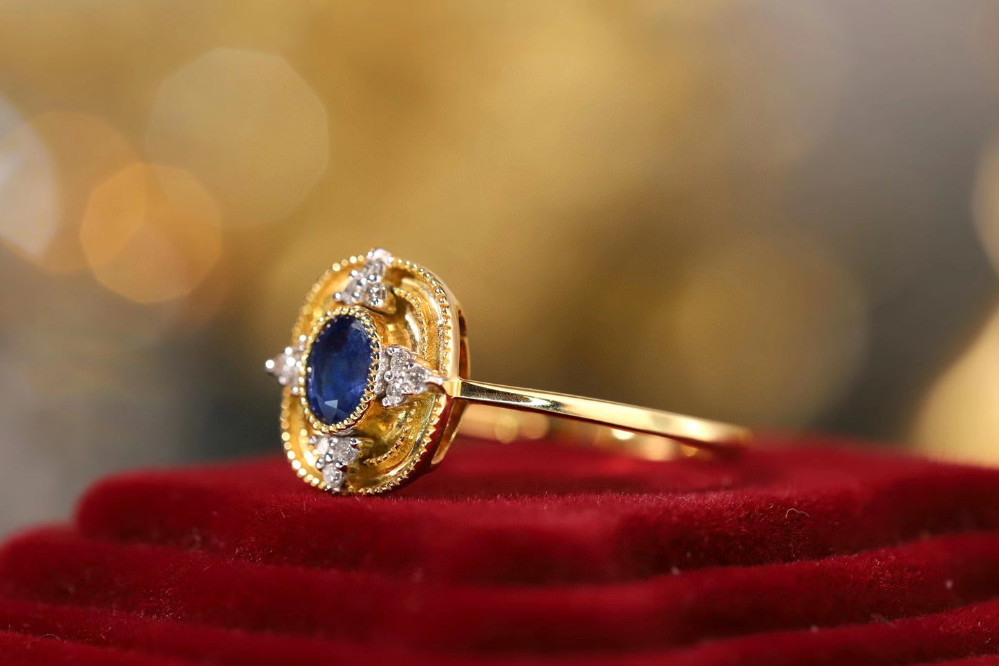 Art Deco Gold Sapphire Ring, 18K Solid Gold Sapphire Diamond Ring